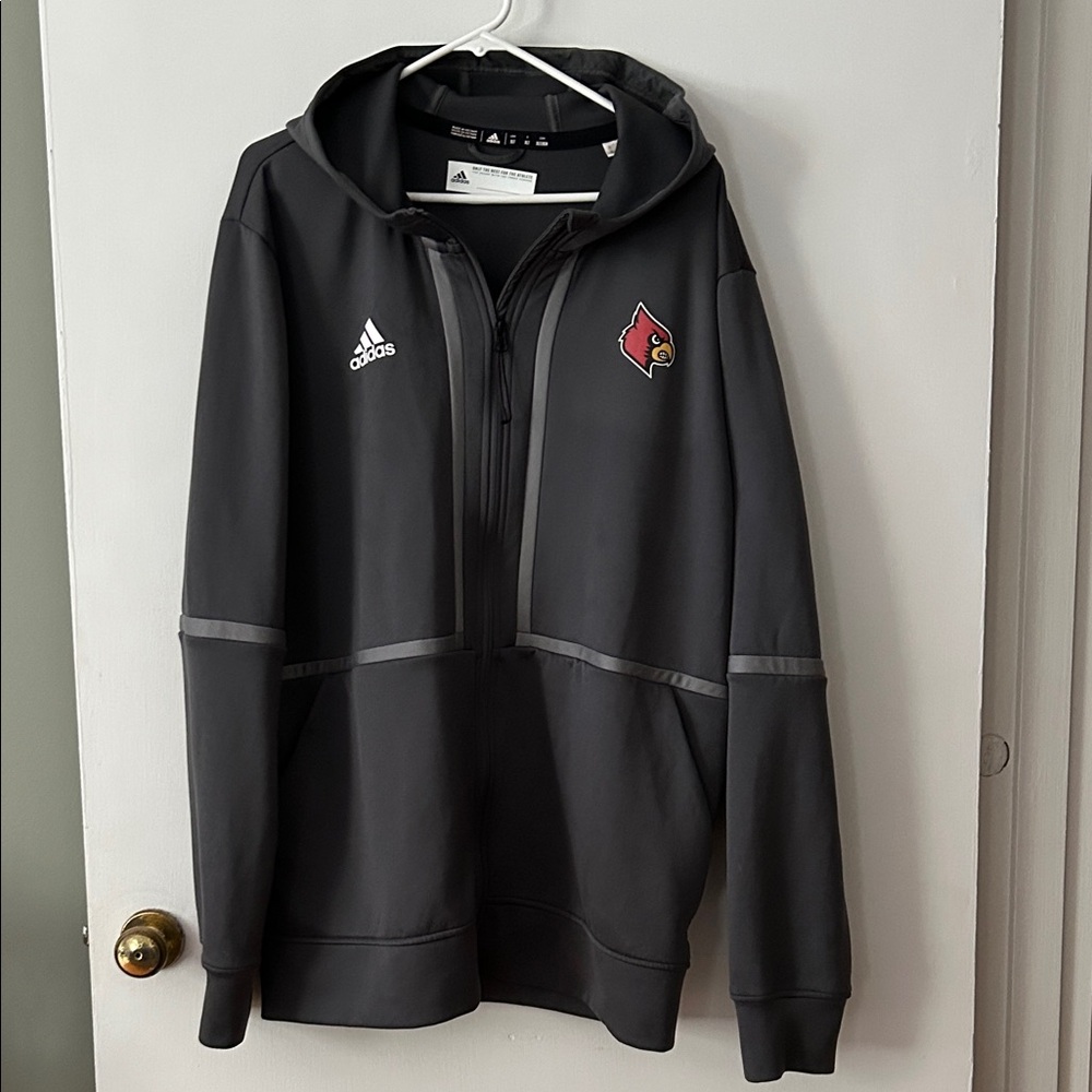 Adidas Charcoal Full-Zip Hoodie with Louisville Cardinal Emblem
